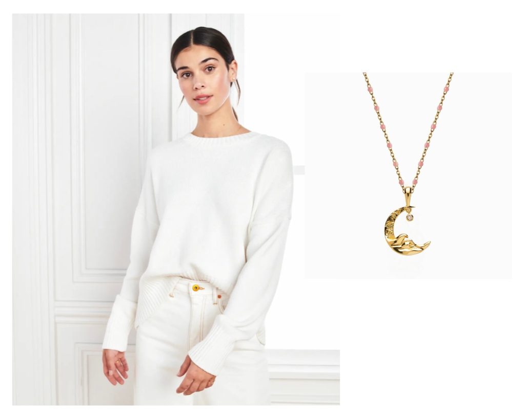 white crewneck sweater with moon pendant necklace