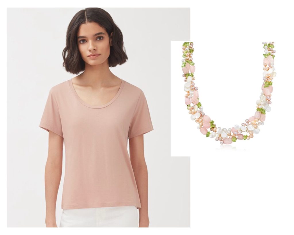 pink scoop neck top with beaded necklace
