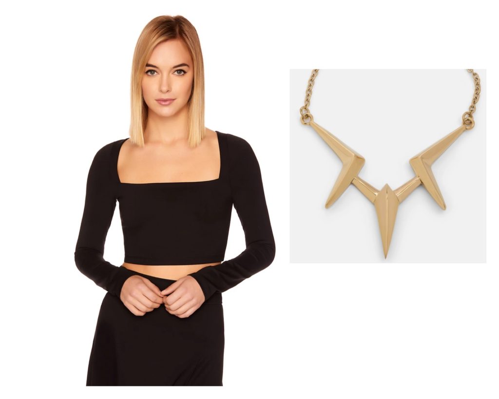 black square-neck long-sleeve with gold necklace