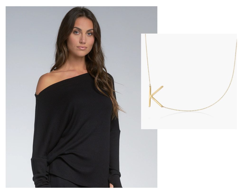 black off the shoulder sweater with initial necklace