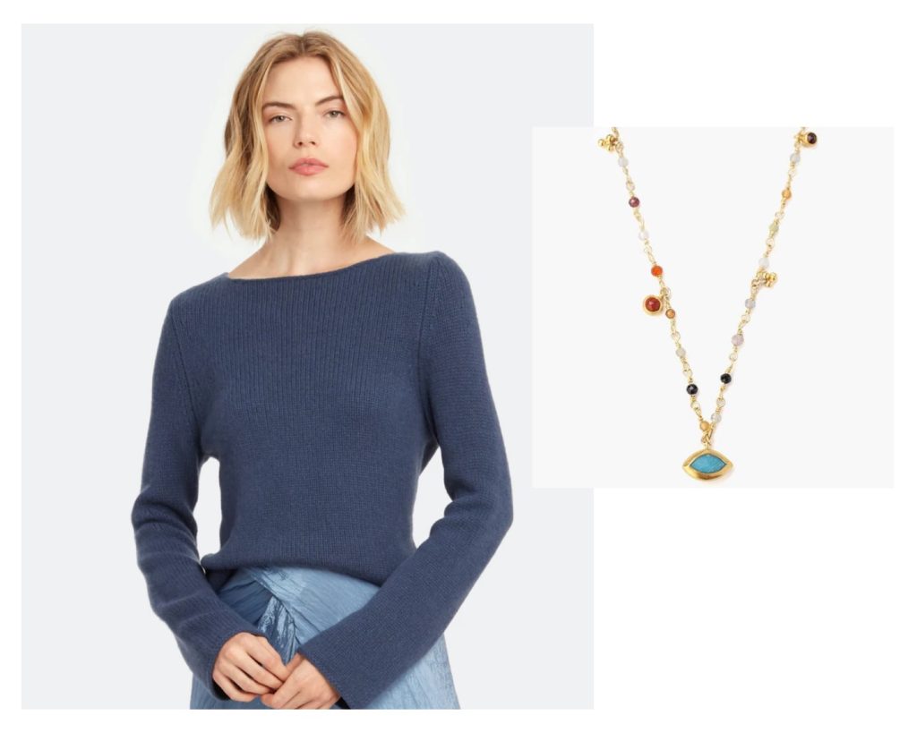 blue boatneck sweater with beaded necklace