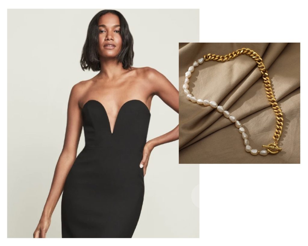 black sweatheart dress with pearl and gold necklace