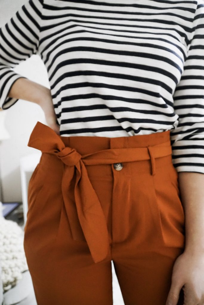 Orange paper bag pants with half bow