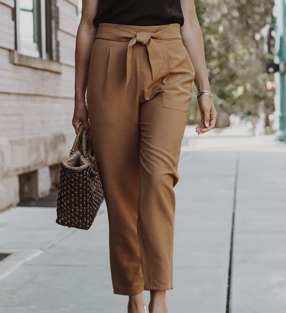Brown paper bag pants with knot
