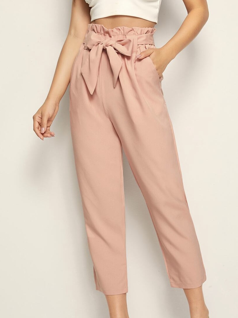 Pink paper bag pants with bow