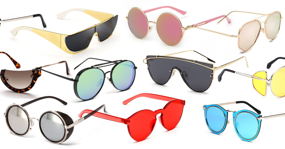 Different colorful shapes and sizes of sunglasses