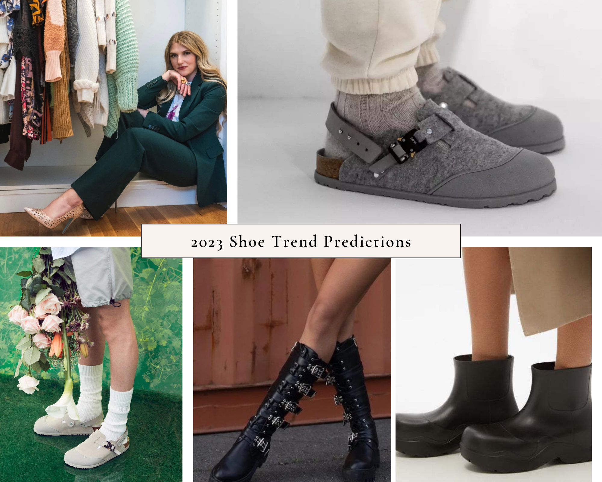 Collage of shoe trends, including pointy toed heels, mules, buckled boots, and rainboots