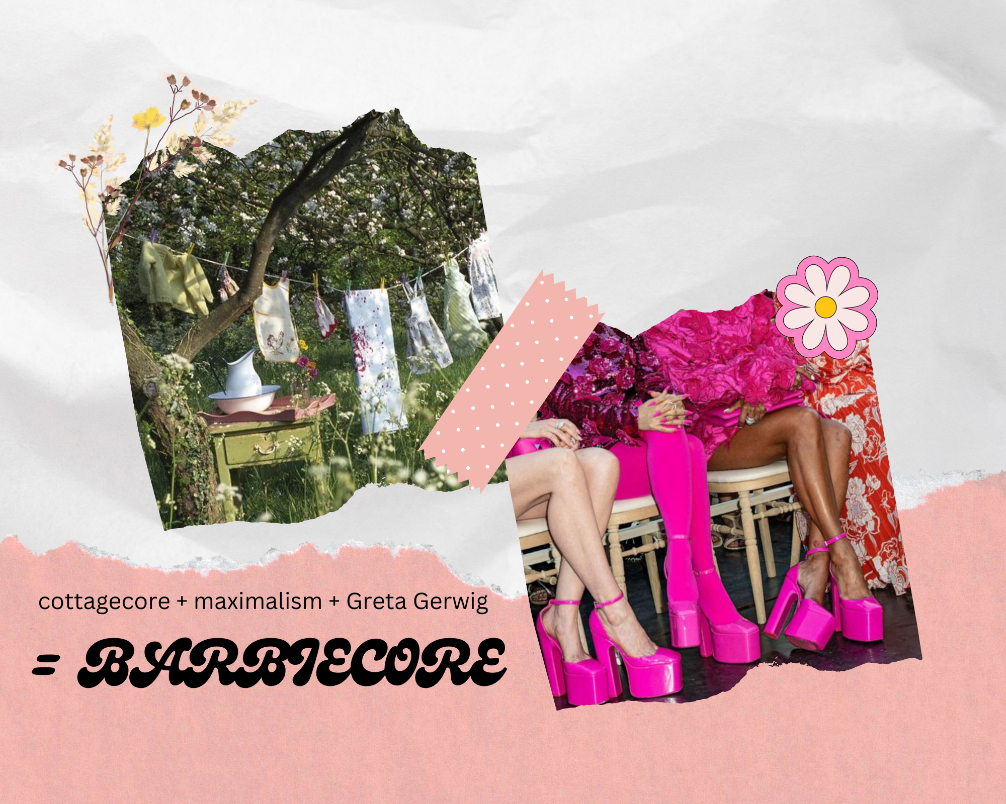 cottagecore and barbiecore photo collage with flower stickers