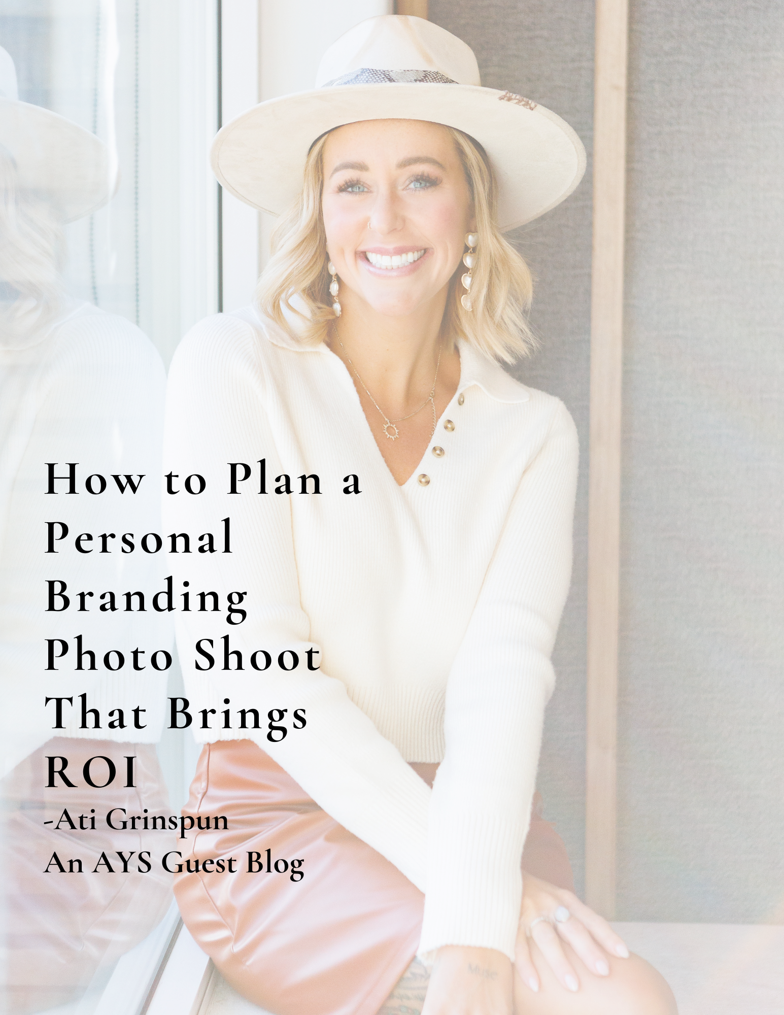 branding shoot to maximize ROI woman with blonde hair and white hat and bright smile and pink skirt sitting by window posing