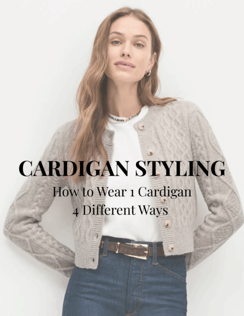 Cover Title: Cardigan Styling A person wearing a beige cable knit cardigan over a white t-shirt and blue jeans with a brown belt.