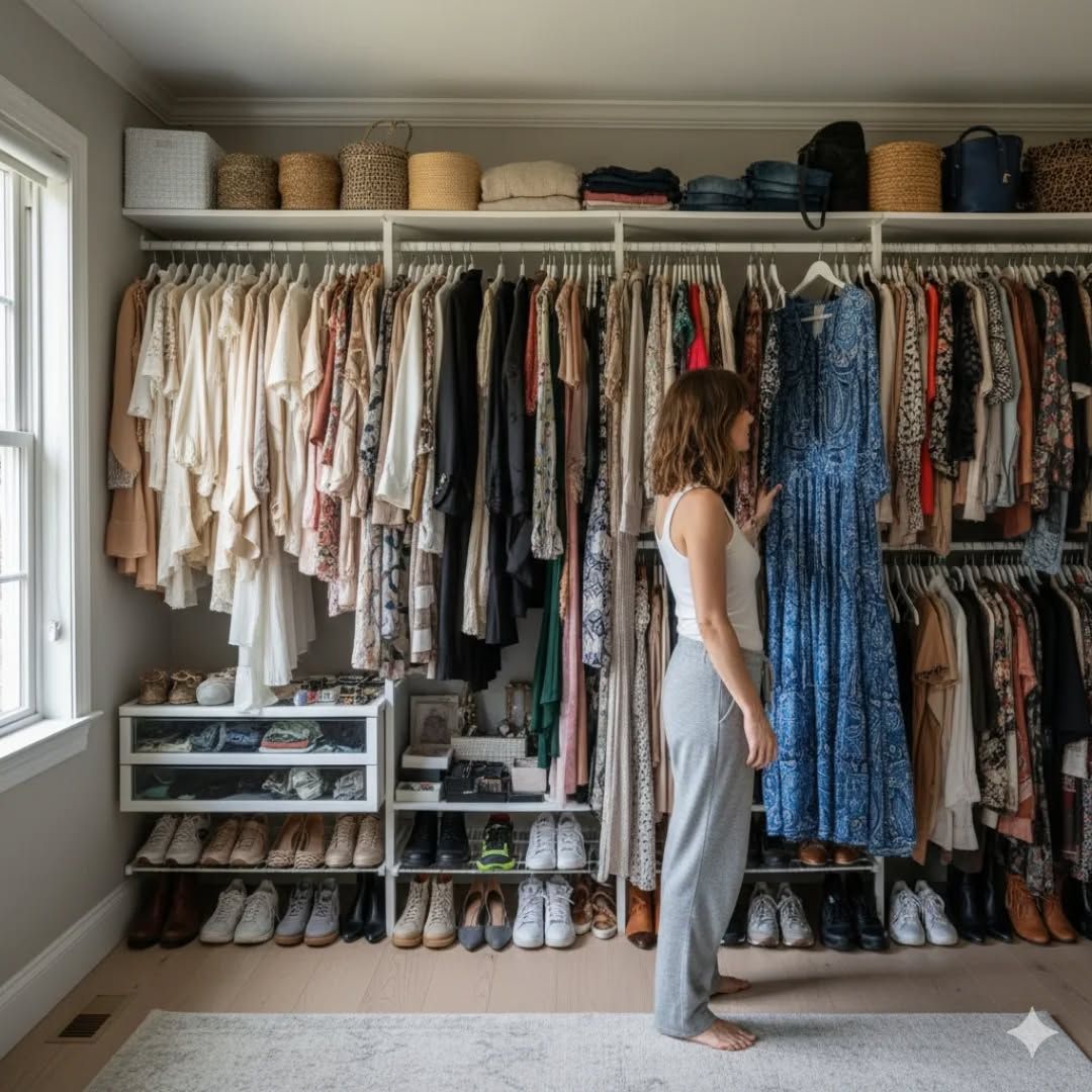 A person stands in front of a large walk-in closet filled with clothes on hangers and shoes on shelves. The person is holding a long blue patterned dress.