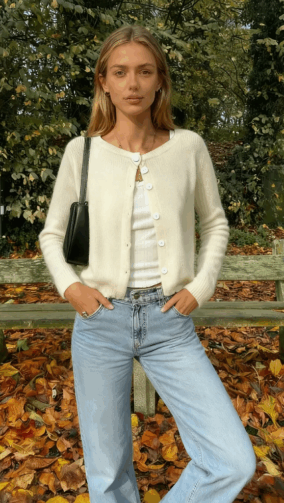 Standing outside on a leaf-covered ground, a women with blonde hair wears light-wash jeans, a white tank, and a white buttoned cardigan, carrying a black purse.