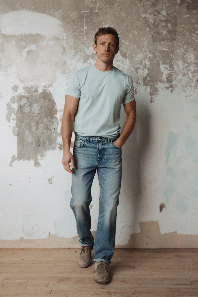 A man in a light blue t-shirt and blue jeans stands with his hands in his pockets in front of a distressed wall.