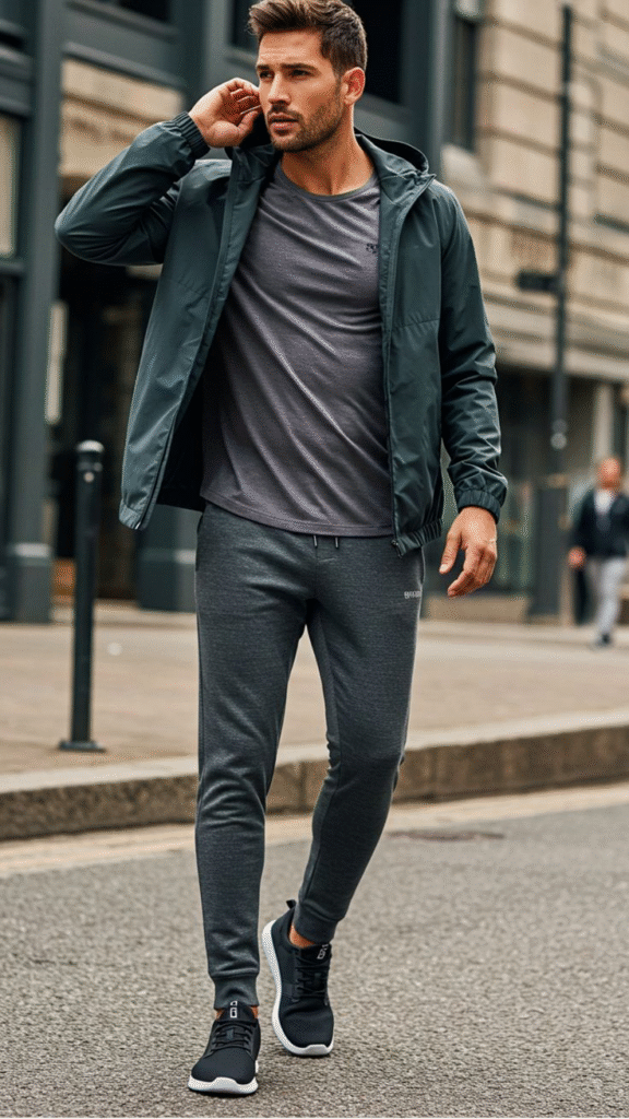 A person walks down a city street wearing a dark jacket, grey t-shirt, grey sweatpants, and black athletic shoes.