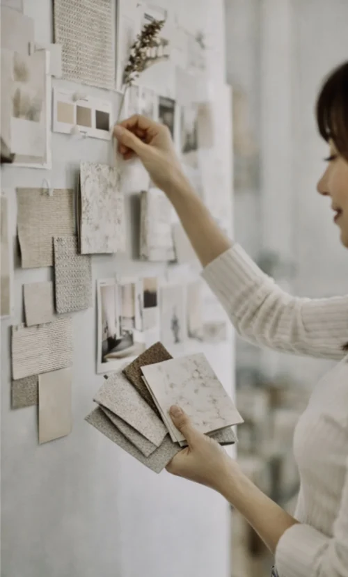 A person is arranging fabric swatches and mood board elements on a wall.
